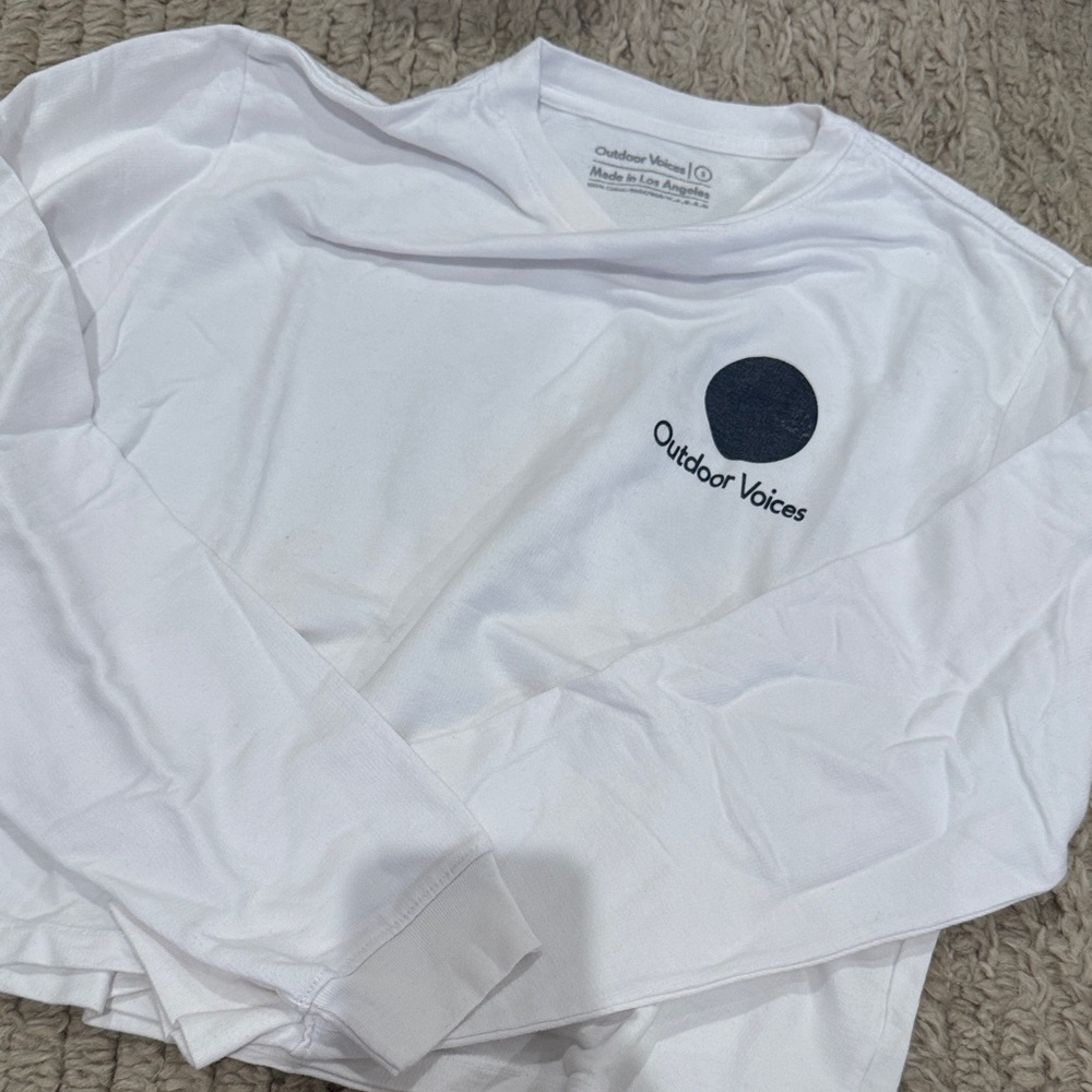 Outdoor Voices White Long Sleeve Tee with Navy Logo